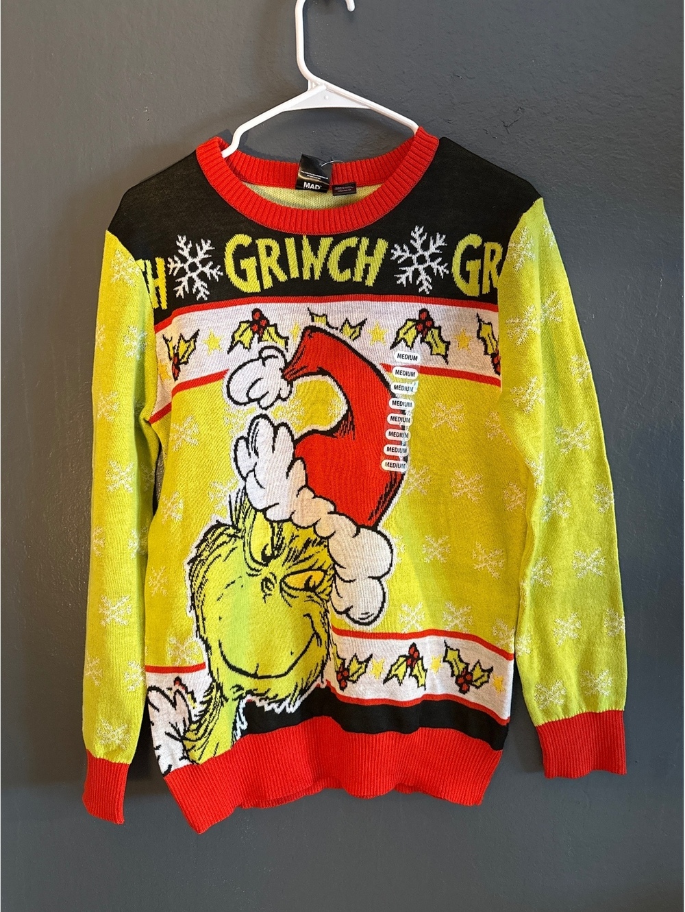 The Grinch Christmas Sweater Medium Yellow Red Black Holiday Knit Pullover